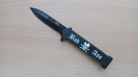 Bad Ass Skull & Crossbones Black Spring Assisted Folding Pocket Knife