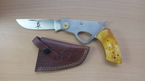 Bone Handle Burn-Bone Metal and Bovine Handle Wild West Folding Pocket Knife Real Genuine Leather Sheath Holster