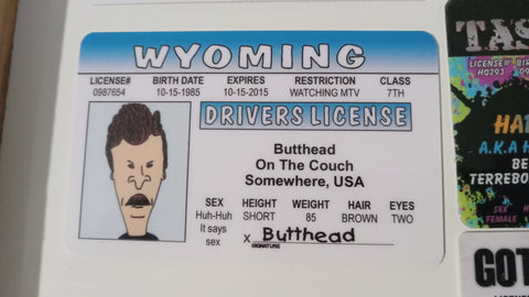 Butthead Wyoming Fake Novelty Joke I.D. Card Driver's License Beavis & Butthead