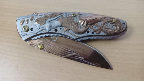 Mermaid & Dolphin Drop Point Blade Gold Spring Assisted Folding Pocket Knife