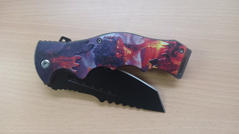 Wolf Demon Hell Horror Spring Assisted Folding Pocket Knife Cleaver Blade
