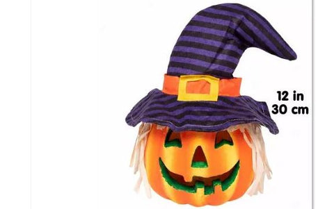 🎃 Halloween 12" Light up Jack O Lantern w Hat + Hair LED Pumpkin