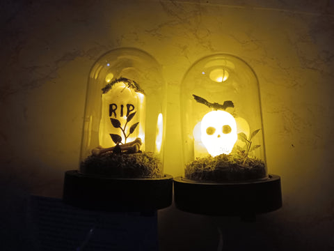 🎃 2 Halloween LED Lit Dome Tombstone + Skull Decorative Cloche Hyde and EEK!