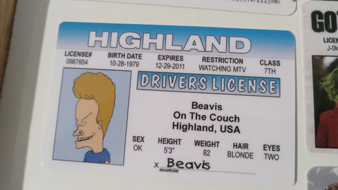 Beavis Highland Fake Novelty Joke I.D. Card Driver's License Beavis & Butthead