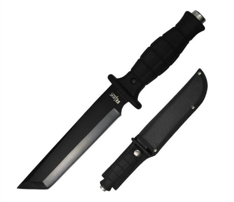 Black 12 Inch Tanto Blade Hunting Knife With Silver Stud Tip
