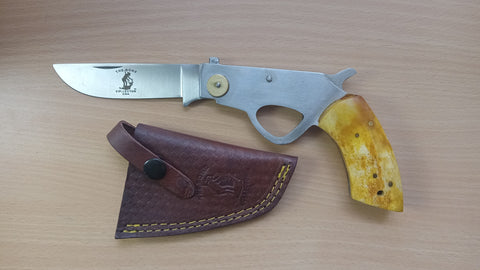 Bone Handle Burn-Bone Metal and Bovine Handle Wild West Folding Pocket Knife Real Genuine Leather Sheath Holster