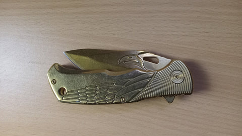 Eagle Etched In Blade Gold Spring Assisted Folding Pocket Knife