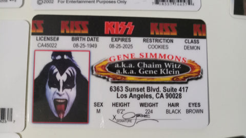 Gene Simmons KISS California Novelty Joke I.D. Card Driver's License
