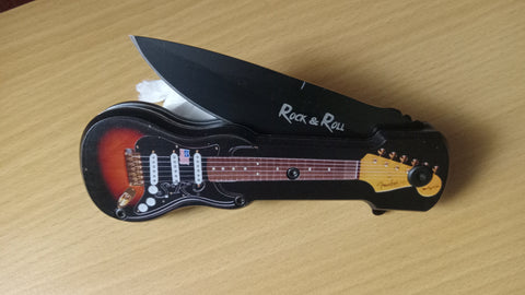 Guitar Knife Rock & Roll Black Orange Spring Assisted Folding Pocket Knife
