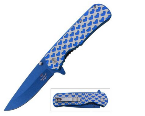 Hearts Blue 8 Inch Spring Assisted Folding Pocket Knife