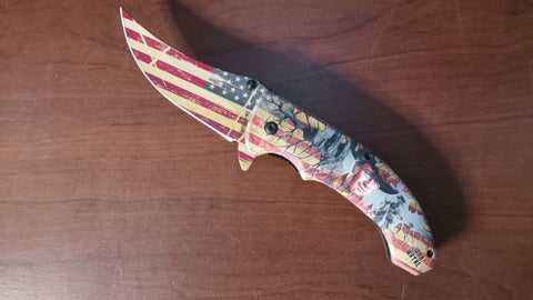 John Wayne Trailing Point Blade American Flag Spring Assisted Folding Pocket Knife