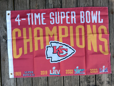Kansas City Chief 2x3 Double Sided NFL Flag 4 Time Super Bowl Champions