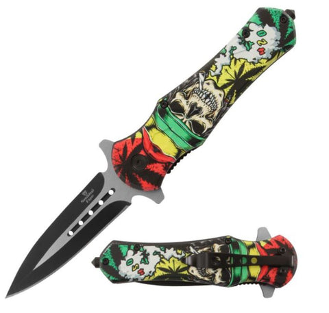 Marijuana 420 Skull Spring Assisted Folding Pocket Knife Glass Breaker