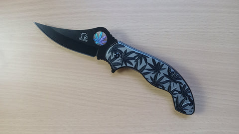 Marijuana Black 7.5 Inch Curved Blade Spring Assisted Folding Pocket Knife