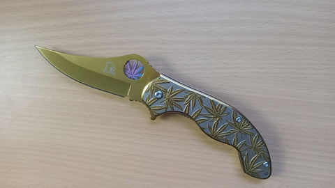 Marijuana Gold 7.5 Inch Curved Blade Spring Assisted Folding Pocket Knife