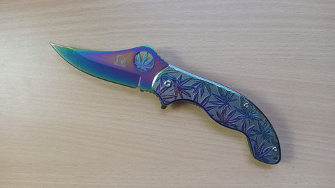 Marijuana Rainbow 7.5 Inch Curved Blade Spring Assisted Folding Pocket Knife