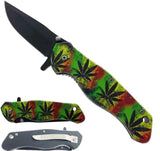 Marijuana Rasta 8 Inch Spring Assisted Pot Leaf Folding Pocket Knife