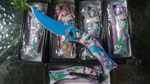Mermaid Fantasy Blue Blade Spring Assisted Folding Pocket Knife