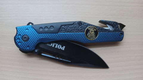 Police Shield Black & Blue Sharp Glass Breaker Spring Assisted Folding Pocket Knife