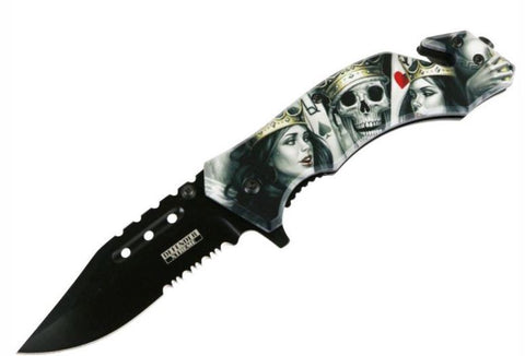Queens Playing Cards Skull Ace 8 Inch Spring Assisted Folding Pocket Knife