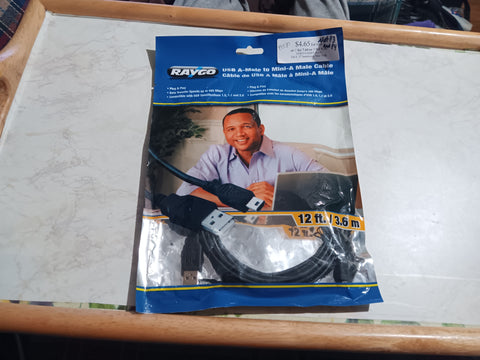 Raygo USB A Male to Mini A Cable - 12ft, USB 2.0, 480Mbps, Black