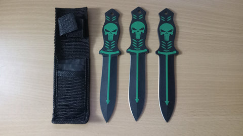 Skull Green Punisher Set of 3 With Sheath 6.5 Inch