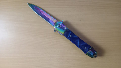 Stiletto Plastic Blue Pearl Handle Rainbow Spring Assisted Folding Pocket Knife