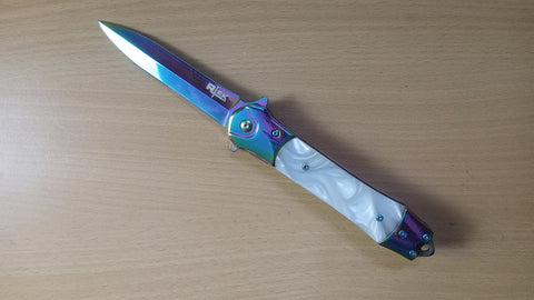 Stiletto Plastic White Pearl Handle Rainbow Spring Assisted Folding Pocket Knife
