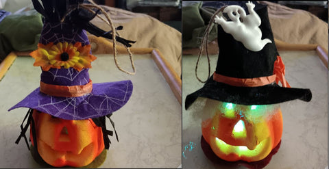 🎃 Halloween TWO 6" Light up Jack O Lantern w Hat + Hair LED Pumpkin