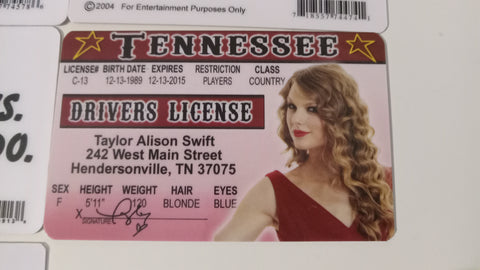 Taylor Swift Tennessee Novelty Joke I.D. Card Driver's License