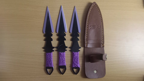 Throwing Knife Set of 3 Leather Sheath Purple Cord Wrapped 8 Inch