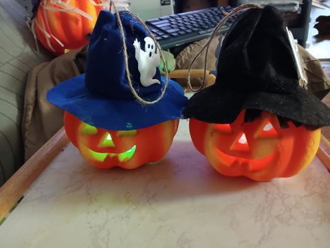 🎃 Halloween TWO 6.5" Light up Jack O Lantern w Hat + Hair LED Pumpkin