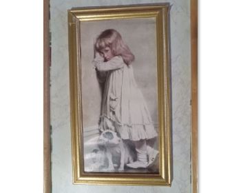 Vintage Framed Print "In Disgrace" Girl in corner with dog 15x8.5 Painting