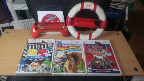 Wii Racing Wheels Games Bundle Disney Cars M&M's Madagascar Kartz