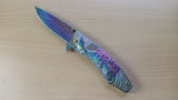 Wolf Rainbow Embossed Stainless Steel Drop Point Spring Assisted Folding Pocket Knife