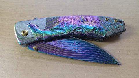 Wolf Rainbow Embossed Stainless Steel Drop Point Spring Assisted Folding Pocket Knife