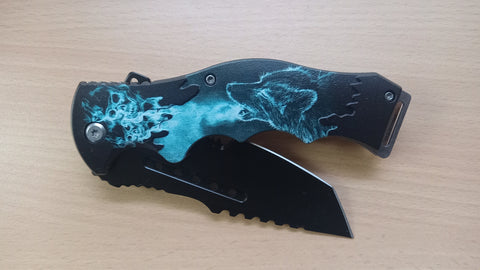 Wolf Ghost Skull Breathing Horror Spring Assisted Folding Pocket Knife Cleaver Blade