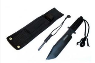 11" All Black Full Tang Hunting Knife With Fire Starter & Sheath