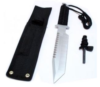 11" Silver Full Tang Hunting Knife With Fire Starter & Sheath