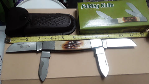 4-Blade 11 Inch Bovine Bone Folding Knife with Leather Sheath