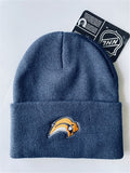 A navy blue cuffed knit hat with a logo of the Buffalo Sabres NHL team on the front.
