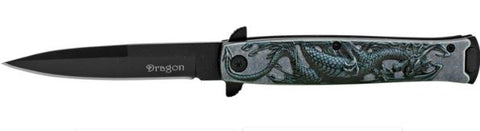 Dragon Black Embossed Stiletto 440 Stainless Steel Spring Assisted Folding Pocket Knife