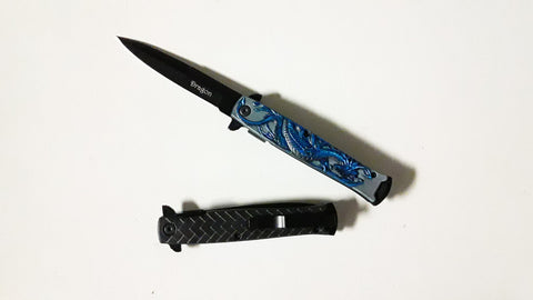 Dragon Blue Embossed Stiletto Spring Assisted Folding Pocket Knife