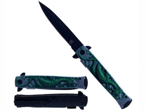 Dragon Green Embossed Stiletto 440 Stainless Steel Spring Assisted Folding Pocket Knife