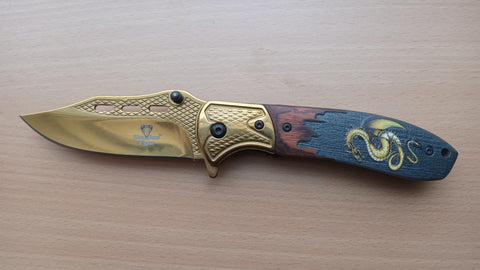 Dragon Handle Gold Titanium Blade Spring Assisted Folding Pocket Knife
