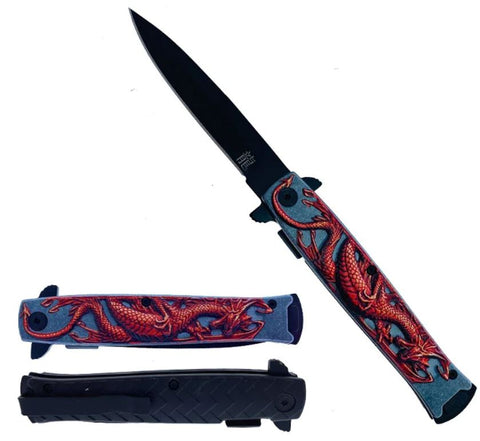 Dragon Red Embossed 8.5 Inch Spring Assisted Folding Pocket Knife