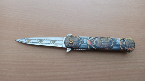 Egyptian Design Sword Shield Stiletto Spring Assisted Folding Pocket Knife