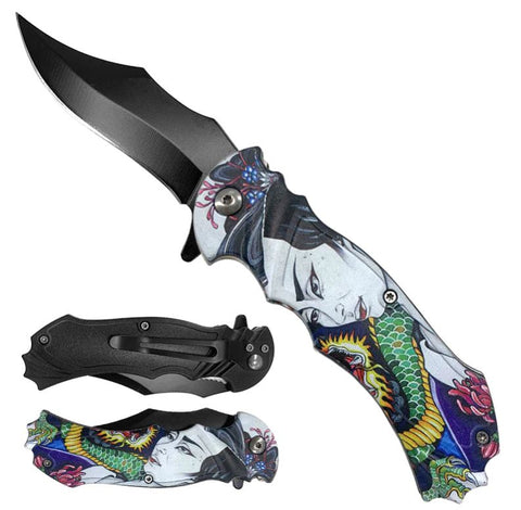 Geisha Koi Dao Point Blade 8 Inch Spring Assisted Folding Pocket Knife