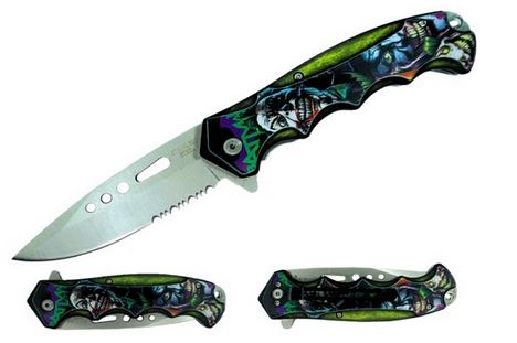 Joker Handle 2 Faces Spring Assisted Folding Pocket Knife Half Serrated Blade