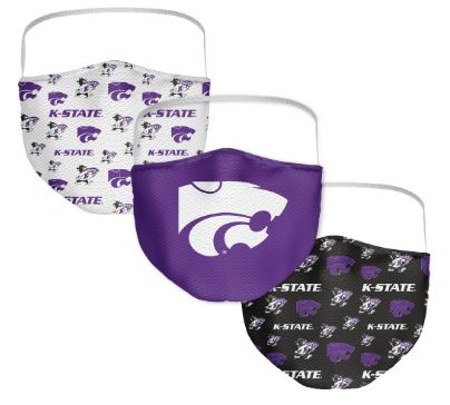 Kansas State Wildcats NCAA Adult All Over Logo Face Covering 3-Pack Masks